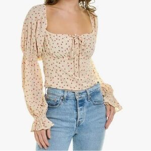 Line and Dot Carrie Women's Cream Puff Sleeve Top with Red Flowers XS